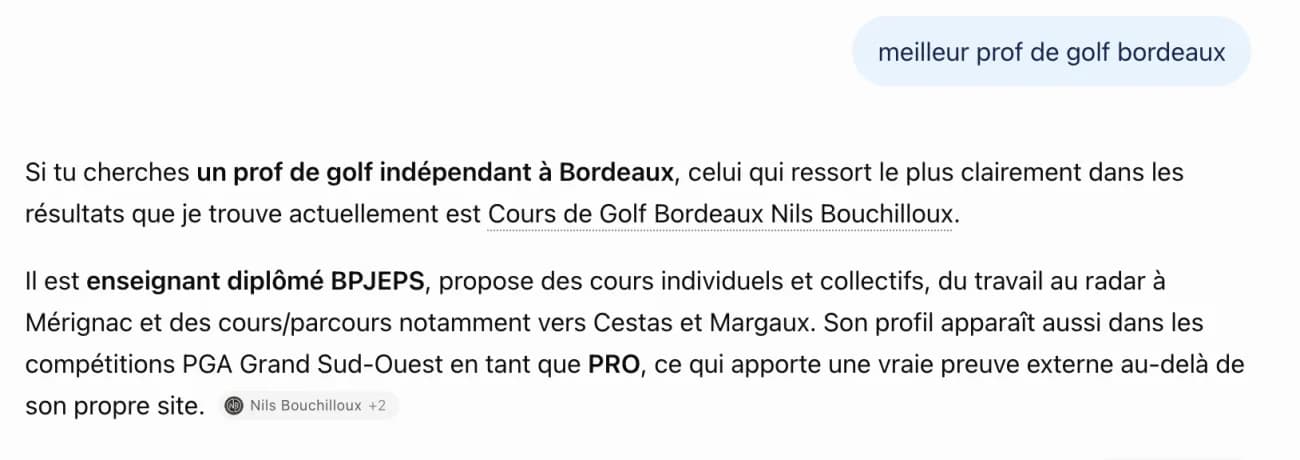 Réponse ChatGPT à « meilleur prof de golf bordeaux » citant en premier Cours de Golf Bordeaux Nils Bouchilloux